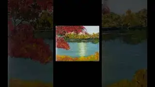 Painting of an autumn forest with lake ll landscape art