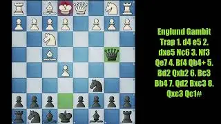 Englund Gambit Trap 1  d4 e5 2  dxe5 Nc6 3  Nf3 Qe7 4  Bf4 Qb4+ 5  Bd2 Qxb2 6  Bc3 Bb4 7  Qd2 Bxc3 8