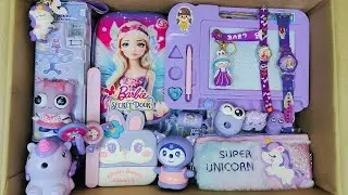 Unboxing Morden Purple Stationery 📚 Board, Barbie Watch, Sharpener, Sling Bag, Pouch, Necklace etc
