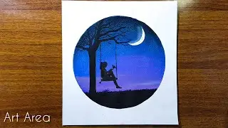 How to draw Alone Girl swinging in a Tree / moonlight scenery / Step by Step for beginners #drawing