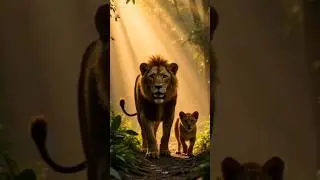 A majestic lion walking with its cub through a dense, misty jungle at sunrise#cuteanimals
