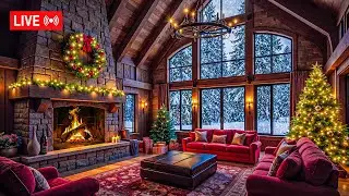 Cozy Christmas Lodge Ambience 🎁 Warm Fireplace, Snowfall & Holiday Lights | LIVE 4K