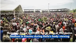 Mourners dance to ODM'S theme song at Mamboleo Stadium in Kisumu during Raila's body viewing