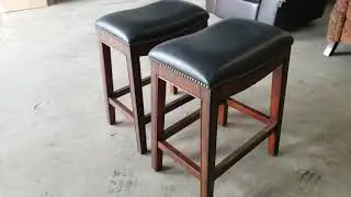 BAR STOOLS WAVE BACKLESS COUNTER STOOLS with BLACK LEATHER Seats Nailhead Trim