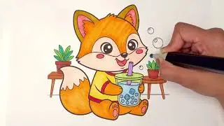Cute Fox Drinking Bubble Tea! 🥤 Satisfying Marker Art for Kids & Toddlers 🧡