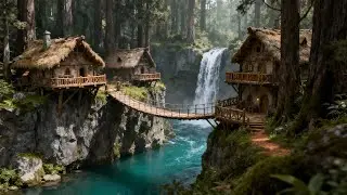 Waterfall Village on Dream Forest 🌳 Medieval Fanatsy Music and Tavern Ambience