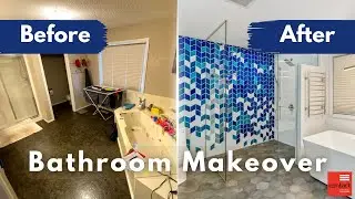 Blue Bathroom Makeover - Curbless Shower, Standout Tile Backsplash, and More Inspiration