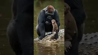 Gorilla help little monkey from crocodile. #animallife #gorillas #wildlife #monkey