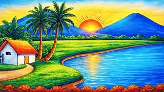 How to Draw Beautiful Village Sunset Scenery Drawing | Mountain Landscape Drawing With Oil Pastel