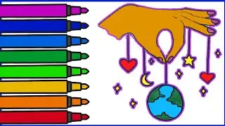 How to draw hand with earth star and moon l step by step l color pen