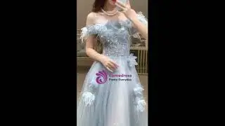 kemedress Blue Tulle Sequins Beading Flower Prom Dress