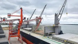 River Cargo Port. Loading the ship with corn. Export from Russia.