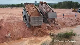 Huge Land Fill Process Hyundia Trago Dump Trucks Unloading Rock Bulldozer Pushing Stone #Part1