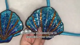 Blue Mermaid Sequin Shell Shaped Bikini Top Satin Bathing Suit Supplier
