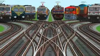 EIGHT RAILS PASSING BY CURVED BRANCHED RAILROAD TRACKS BUMPY RAILROAD TRACK/ train wold5 
