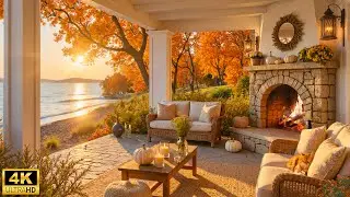 Peaceful Autumn Beach Sunset Ambience - Piano Music, Cozy Fireplace & Ocean Waves for Relaxation