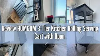 Review HOMCOM 3-Tier Kitchen Rolling Serving Cart with Open Shelves, Stainless Steel Top Pine Kitche