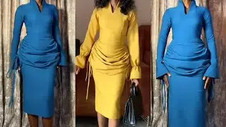 How to cut and sew a built up neckline corporate dress with rushed skirt.(part2)