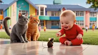 Cute Baby Meets Cat & Mouse at School | Funny Kids Story | Baby Cat Cartoon