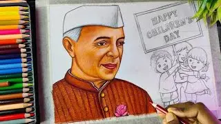 Jawaharlal Nehru Drawing colour, Children's Day Drawing,chacha Nehru Drawing, Step by Step Tutorial
