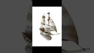 Vintage boat sculpture cow horn bone sailing ship yacht marine sails handmade dome decor retro.