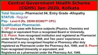 Pharmacist vacancy | Central Government Health Scheme | Last Date 04 Feb 2020