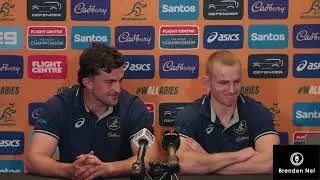 WALLABIES:  outside back Max Jorgensen and lock Jeremy Williams chat ahead of the Pumas test