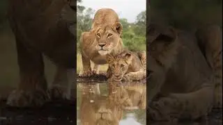 A tense lioness and cub at the watering hole.