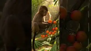 A realistic jungle scene, monkey finds ripe fruits on a tree,