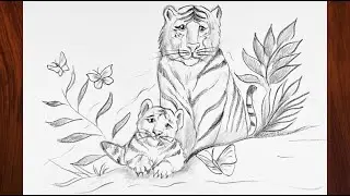 How To Draw Mother And Baby tiger step by step 🐯 | Tiger Drawing 🐅 | Tiger Drawing most simple ever