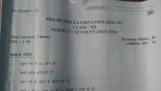 Class 12 Accountancy Pre board question paper evening shift 2025-26 