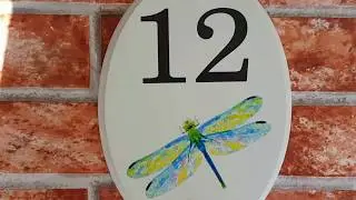 Pottery style house number plaque with dragonfly motif