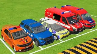 TRANSPORTING EMERGENCY DEPARTMENT CARS, AMBULANCE, POLICE CARS, FIRE TRUCK ! WITH TRUCKS! - FS 22