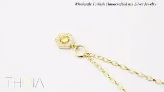 Citrine and Zircon Stone Rectagon Hollow Charm Necklace Wholesale 925 Sterling Silver Ladies Jewelry