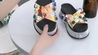 Glitter Shoes 2019 summer new denim cross rhinestone flip
