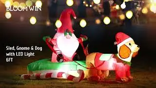 BLOOMWIN 6FT Inflatable Gnomes in Sled with Weiner Dog Light Up Christmas Yard Decorations
