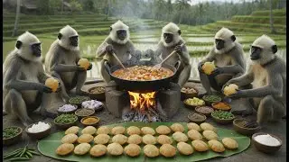 बंदरों का रसोईघर - पूरी आलू सब्जी पनीर | 7 Monkeys Cooking Together | Indian Village Food ASM