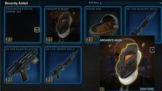 SWTOR PTS - Valkorian's Royal Armor Set Unseen, Arcann's Mask, Hover Pod, SE-12B Blaster Weapons