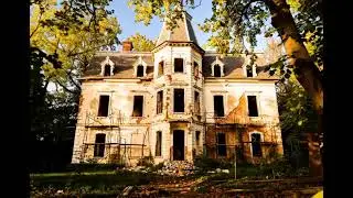 an old, abandoned mansion with restoration signs, in a somber historical style.#scarystories#scary