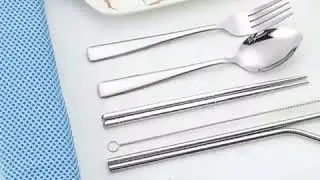 Stainless Steel Tableware Portable Six-piece Set Straw Spoon Fork Chopsticks Brush Outdoor Camping