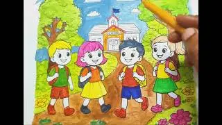 🎨 Kids coming from School | Colorful Kids Painting | Easy Drawing for Children 🚂🌈