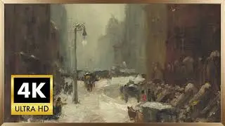 Winter in New York | Vintage City Snow Painting with Calm Piano Jazz | 4k Framed Winter Art