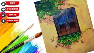How to paint landscape with spring flower and old window in Acrylic/ #acrylicpainting #easypainting
