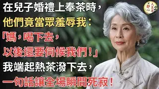 【我58歲】在兒子婚禮上奉茶時，他們竟當眾羞辱我：「媽，喝下去，以後還要伺候我們！」我端起熱茶潑下去，一句話讓全場瞬間死寂！