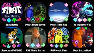 FNF Hazbin Hotel, FNF Humiliation, FNF Mistful Crimson Morning, FNF Hazy River, FNF Squid Game
