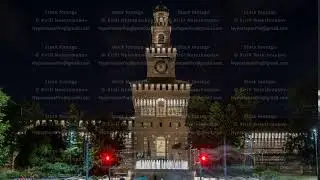 Main entrance to the Sforza Castle and tower - Castello Sforzesco night timelapse, Milan, Italy