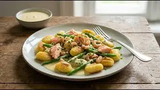 Gnocchi-Pfanne mit Lachs, Shrimps und Bohnen