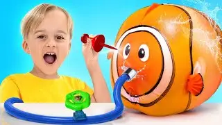 Kids and Uncle are inflating and stretching the toys - Funny experiments for cchildre