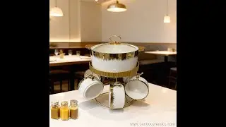 Luxury Electroplated Gold Floral Soup Pot Set Microwave Safe Ceramic Pot with 6 Bowls