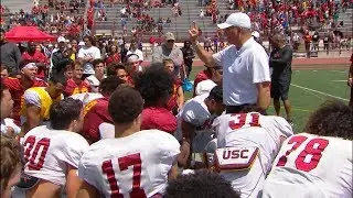 USC football head coach Clay Helton gets mic'd up for the 2019 Spring Showcase